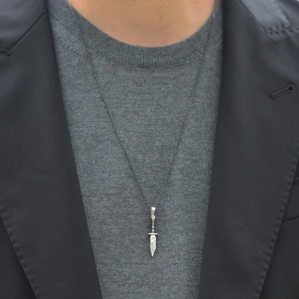 Siyah Rodyum Kaplama Figürlü Gümüş Erkek Kolye - Resim 2