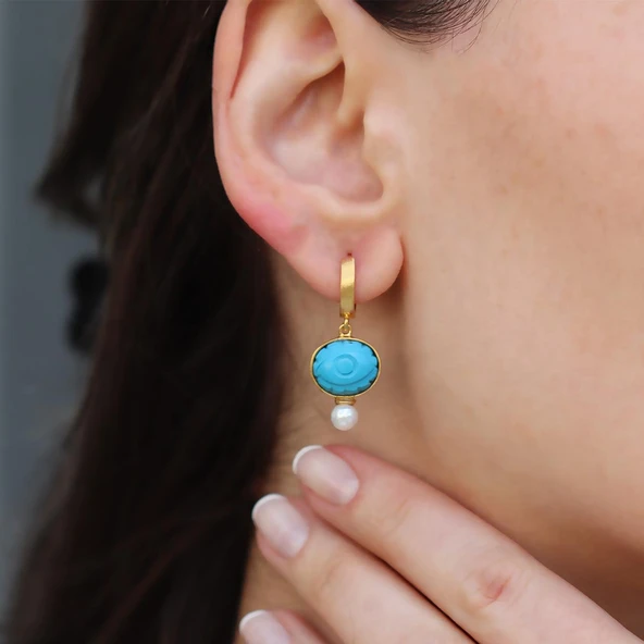 Turkuaz Göz İnci Gold Gümüş Küpe - Resim 2
