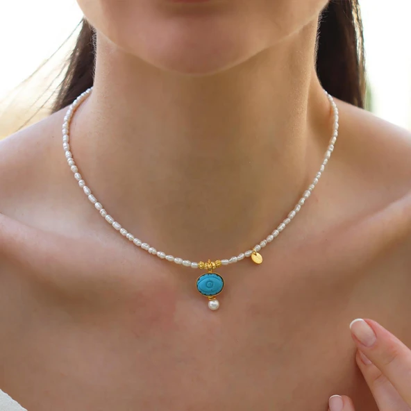 Göz Turkuaz İncili Gold Doğaltaşlı Gümüş Kolye - Resim 3