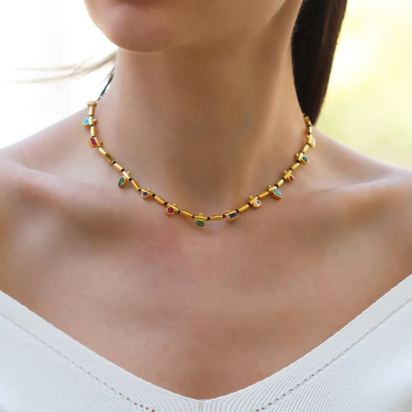 Mozaik Doğaltaşlı Gold Gümüş Kolye - Resim 2