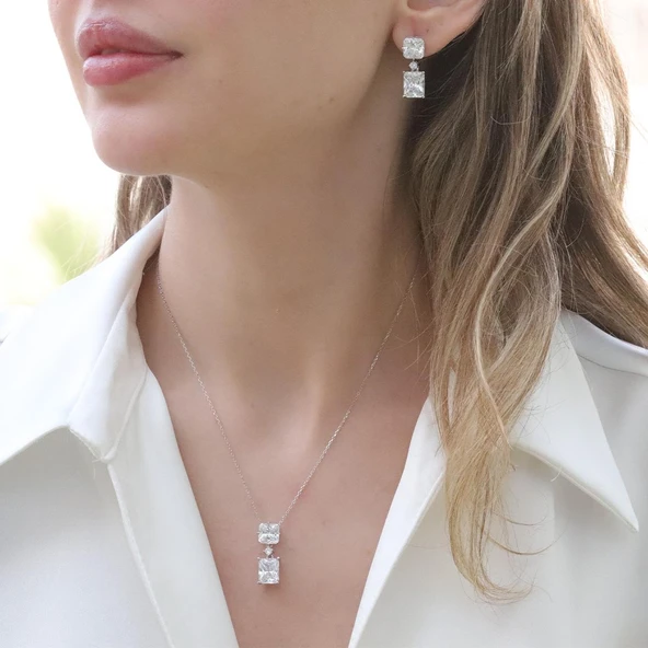 Prenses Kesim Zirkon Taşlı Gümüş Set ürün görseli 1