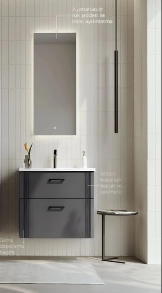 Orka Bari 65 cm Antrasit Banyo Dolabı Takımı (Ledli Ayna) - Resim 2