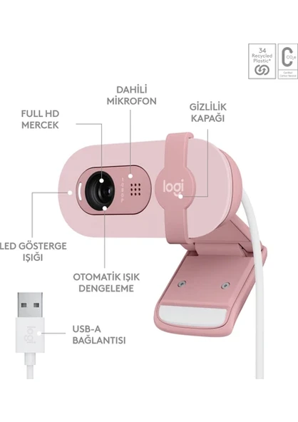 Logitech BRIO 100 Full HD 1080p Gizlilik Kapaklı Mikrofonlu Web Kamerası - Pembe - 6