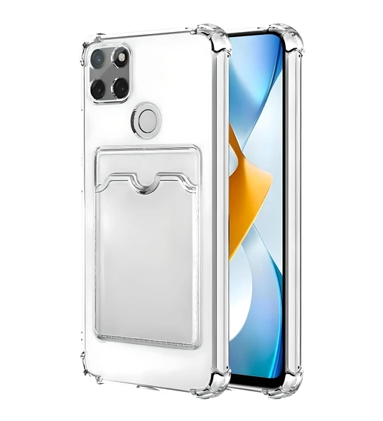 Oppo A15/A15S Uyumlu Kamera Korumalı Kartlıklı Köşeleri Airbag Tasarımlı Darbe Önleyici Şeffaf Silikon Kılıf
