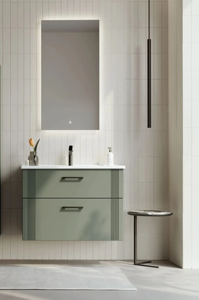 Orka Bari 85 cm Mat Yeşil Banyo Dolabı Takımı (Ledli Ayna) ürün görseli