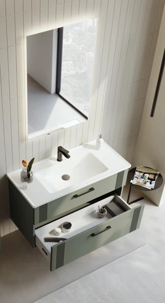 Orka Bari 85 cm Mat Yeşil Banyo Dolabı Takımı (Ledli Ayna) - Resim 2