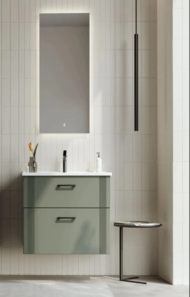 Orka Bari 65 cm Mat Yeşil Banyo Dolabı Takımı (Ledli Ayna) ürün görseli