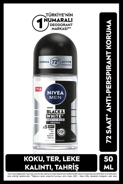 NIVEA MEN Erkek Roll On Deodorant Black&white Invisible Original 50ml, 72 Saat Anti-perspirant Koruma