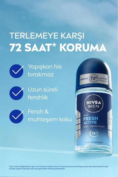 NIVEA MEN Erkek Roll-on Deodorant Fresh Active 50ml, Terlemeye Karşı 72 Saat Anti-perspirant, Ferah His - 3