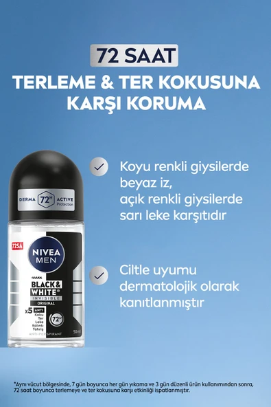 NIVEA MEN Erkek Roll On Deodorant Black&white Invisible Original 50ml, 72 Saat Anti-perspirant Koruma - 3