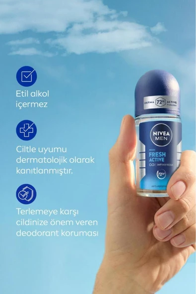 NIVEA MEN Erkek Roll-on Deodorant Fresh Active 50ml, Terlemeye Karşı 72 Saat Anti-perspirant, Ferah His - 5