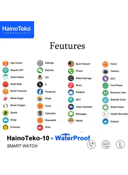 HainoTeko Watch Ultra 10 Amoled Ekran WaterProof 3 Kordonlu Akıllı Saat Siyah - 5