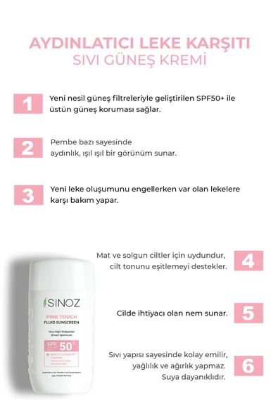 SİNOZ SPF50+ Pink Touch Aydınlatıcı Sıvı Yüz Güneş Kremi Yeni Nesil Filtreler Hibrit Formül 50ml - PA++++ - 2