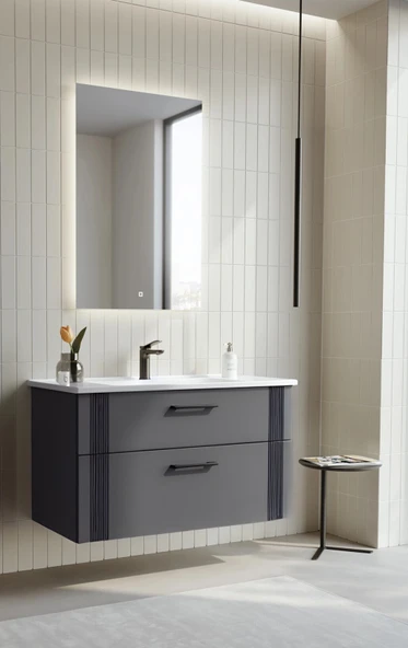 Orka Bari 85 cm Antrasit Banyo Dolabı Takımı (Ledli Ayna) - Resim 3