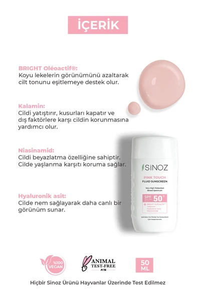 SİNOZ SPF50+ Pink Touch Aydınlatıcı Sıvı Yüz Güneş Kremi Yeni Nesil Filtreler Hibrit Formül 50ml - PA++++ - 3