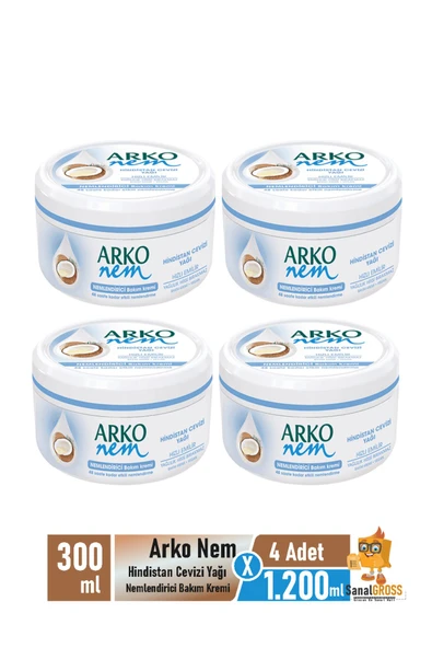ARKO Nem, Hindistan Cevizi Yağı, Nemlendirici, Bakım Kremi 300 ml x 4 Adet