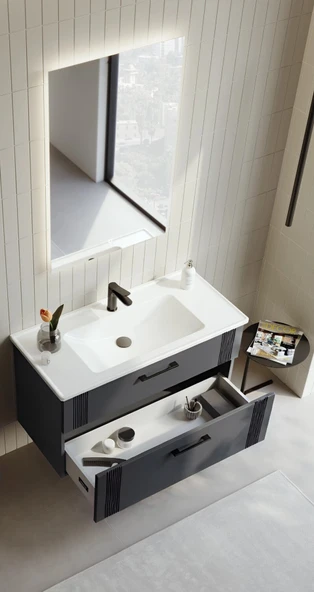 Orka Bari 85 cm Antrasit Banyo Dolabı Takımı (Ledli Ayna) - Resim 2