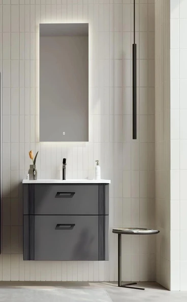 Orka Bari 65 cm Antrasit Banyo Dolabı Takımı (Ledli Ayna)