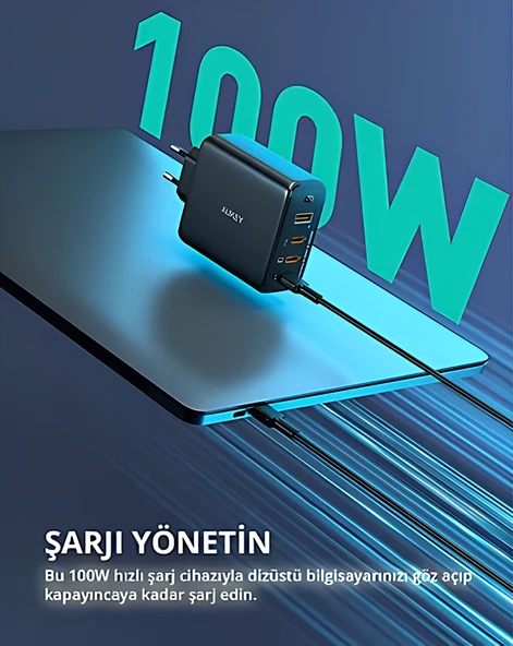 AUKEY 100W 4 Çıkışlı PD GaN Şarj Aleti Başlığı Siyah 3xType-C / 1xUsbA PA-B7S-WH - 2