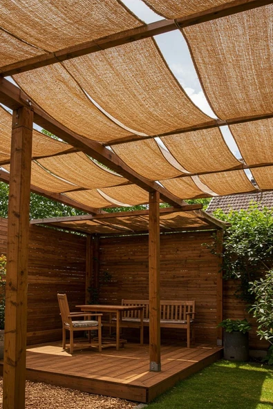 size ne lazım Doğal Jüt, Kanaviçe Kumaş Dekoratif Battı Çıktı Pergole Gölgeliği 1mt x 8mt - Resim 2