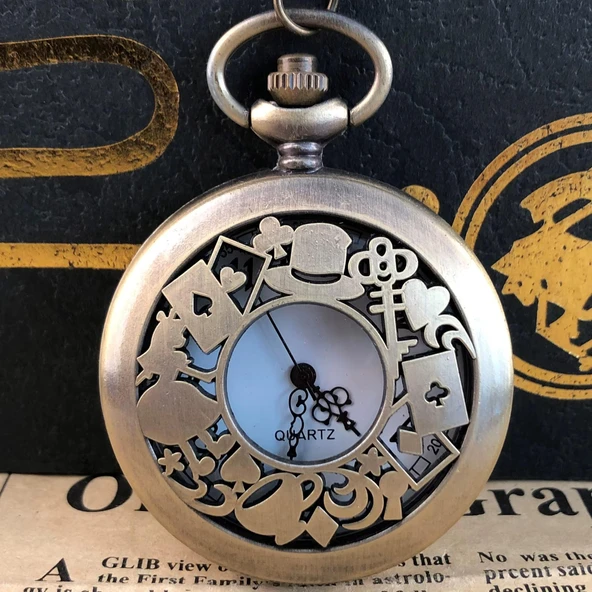 Valkyrie Alice Harikalar Diyarı Temalı Vintage Bronz Cep Saati - Kolye Köstekli Retro Hediye - 2