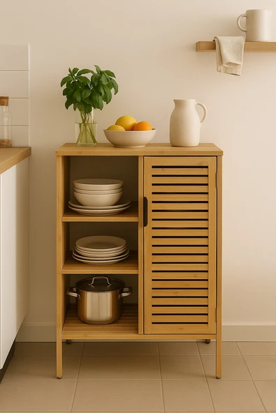 Bambu Kahve Köşesi 3 Katlı Çok Amaçlı Dolap & Mutfak Bangosu (87x33x66cm)