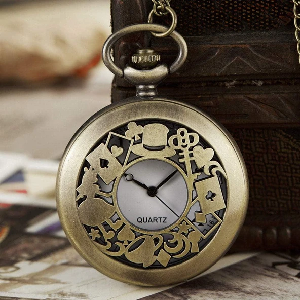 Valkyrie Alice Harikalar Diyarı Temalı Vintage Bronz Cep Saati - Kolye Köstekli Retro Hediye - 10
