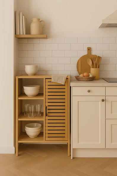Bambu Kahve Köşesi 3 Katlı Çok Amaçlı Dolap & Mutfak Bangosu (87x33x66cm) - 2