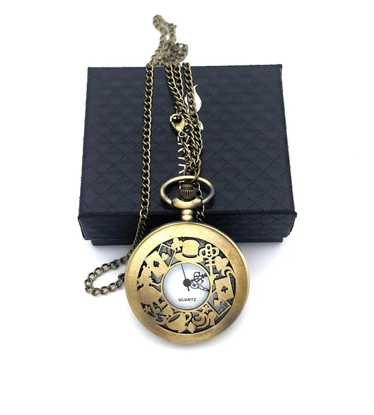 Valkyrie Alice Harikalar Diyarı Temalı Vintage Bronz Cep Saati - Kolye Köstekli Retro Hediye - 6