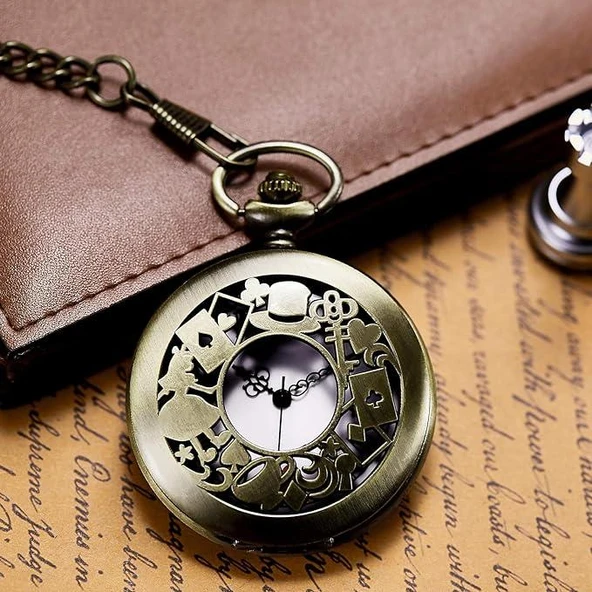 Valkyrie Alice Harikalar Diyarı Temalı Vintage Bronz Cep Saati - Kolye Köstekli Retro Hediye - 3