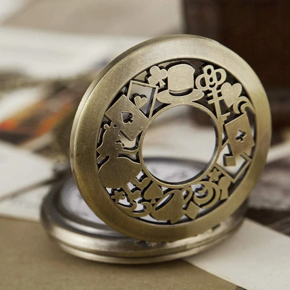 Valkyrie Alice Harikalar Diyarı Temalı Vintage Bronz Cep Saati - Kolye Köstekli Retro Hediye - 5