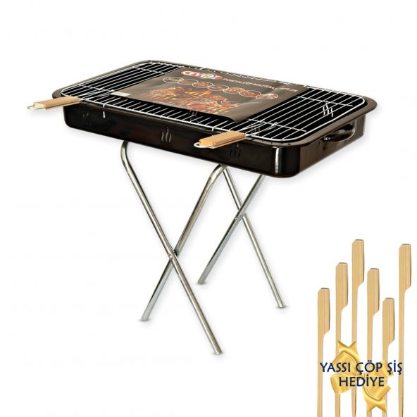 Portatif Ayaklı Mangal Büyük Boy 60X35 Cmlik, Ahşap Saplı Izgara Telli