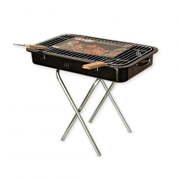 Portatif Ayaklı Mangal Büyük Boy 50x33 Cmlik, Ahşap Saplı Izgara Telli - 2