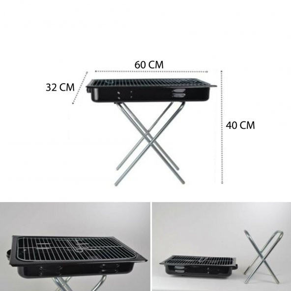 Portatif Ayaklı Mangal Büyük Boy 60X35 Cmlik, Ahşap Saplı Izgara Telli - 3