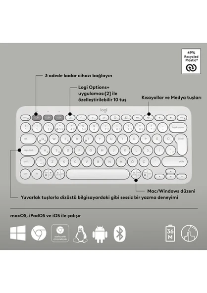 Logitech Pebble Keys 2 K380S 920-011860 Beyaz TKL Q Kablosuz Klavye - 6