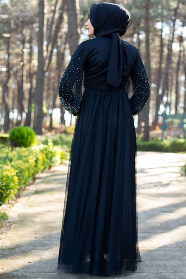 Taş Detaylı Tesettür Abiye Elbise - Siyah - 3