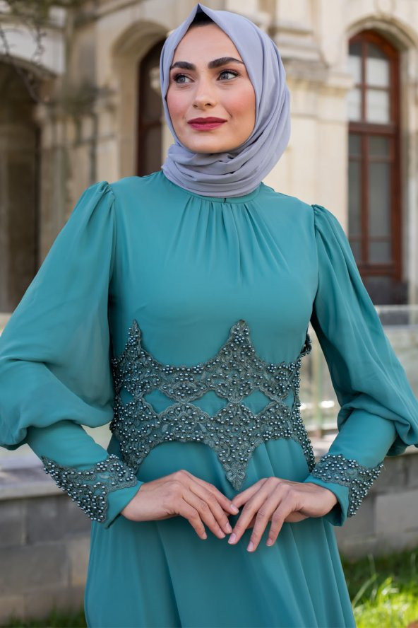 Güpürlü Tesettür Abiye Elbise - Yeşil - 2