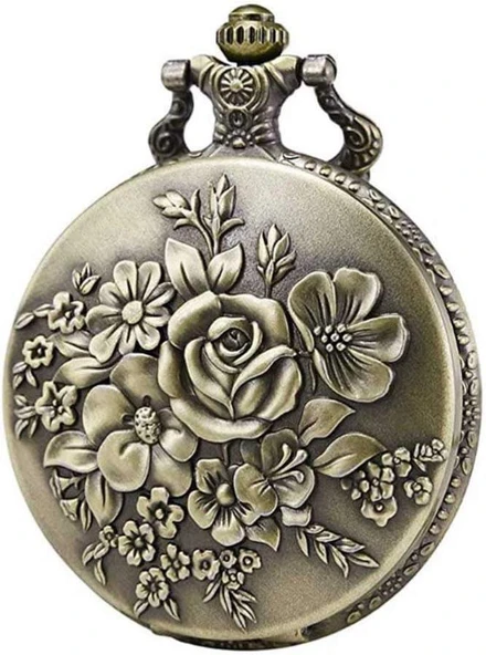 Valkyrie Zarif Kabartma Çiçek Desenli Vintage Bronz Cep Saati - Kolye Köstekli Retro Hediye - 8