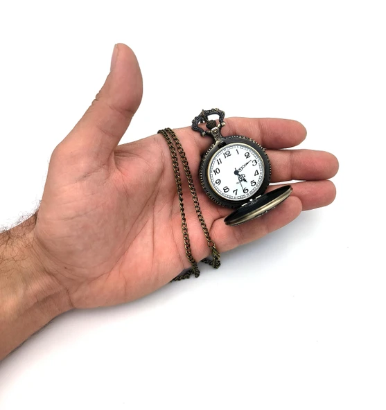 Valkyrie Zarif Kabartma Çiçek Desenli Vintage Bronz Cep Saati - Kolye Köstekli Retro Hediye - 2