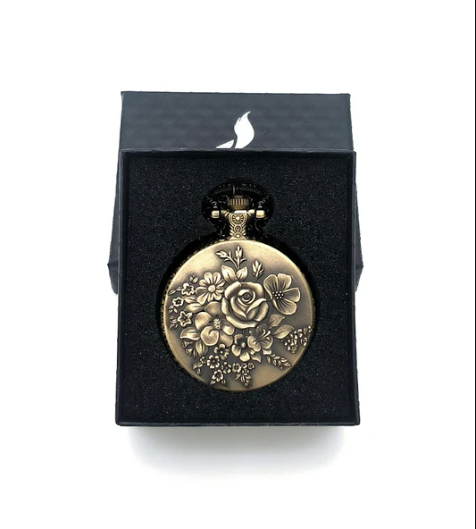 Valkyrie Zarif Kabartma Çiçek Desenli Vintage Bronz Cep Saati - Kolye Köstekli Retro Hediye - 3