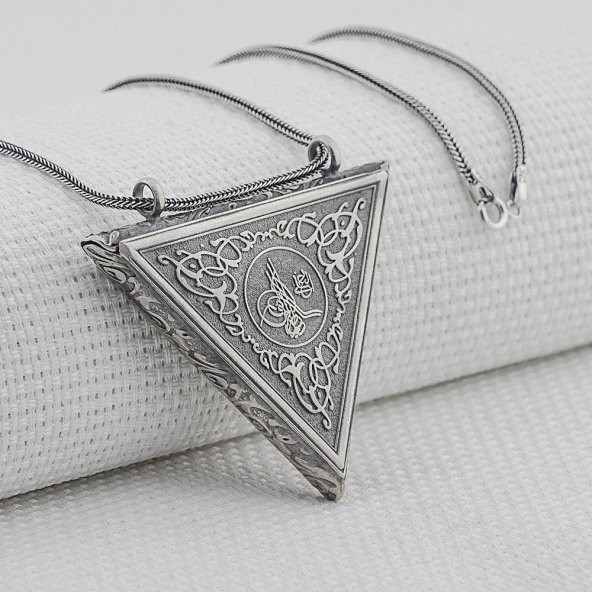 Osmanlı Tuğralı 925 Ayar Gümüş Kalın Zincirli Üçgen Muska Kabı Büyük Boy ürün görseli