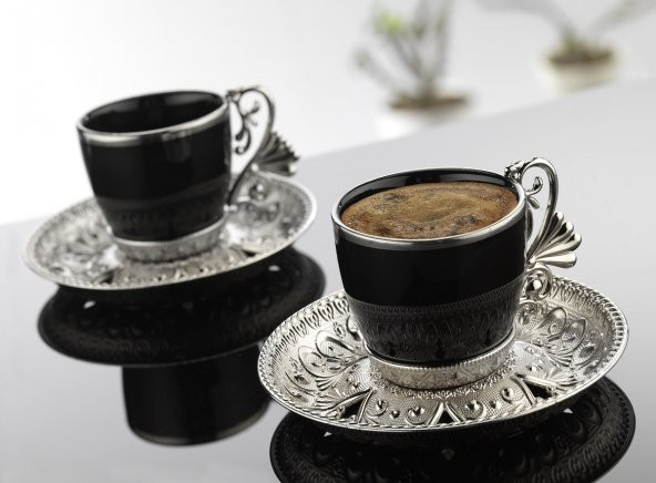 Lal Elegans Motifli Siyah Porselen Fincan Türk Kahve Seti 6 Kişilik Gümüş Renkli