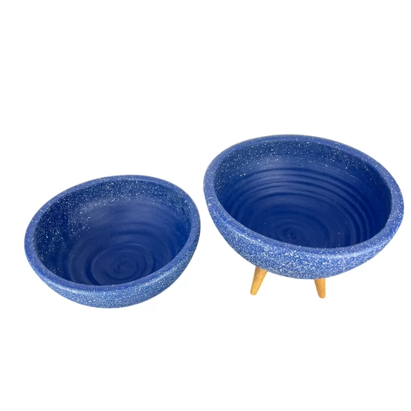 LACİVERT GRANİT BOYALI ARANJMAN-SUNUMLUK TOPRAK SAKSI-İKİLİ SET-20 CM ÇAP-NO:2 - Resim 3