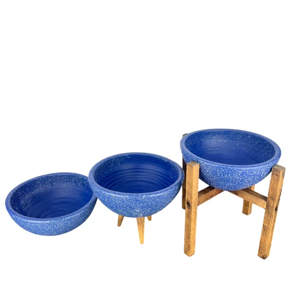 LACİVERT GRANİT BOYALI ARANJMAN-SUNUMLUK TOPRAK SAKSI-ÜÇLÜ SET-20 CM ÇAP - Resim 3