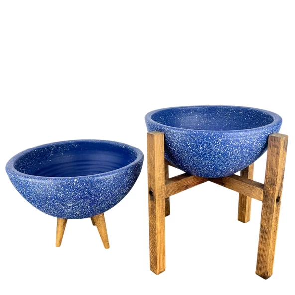 LACİVERT GRANİT BOYALI ARANJMAN-SUNUMLUK TOPRAK SAKSI-İKİLİ SET-20 CM ÇAP - 3
