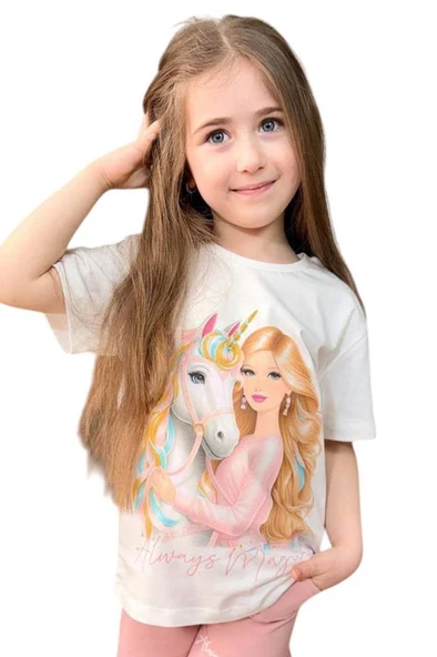 Kız Çocuk Üzeri Digital Bebek ve At Baskılı Penye T-Shirt Pudra Şortlu Takım - Resim 12