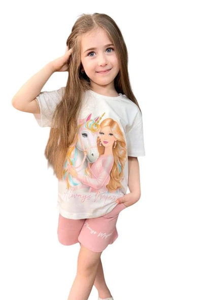 Kız Çocuk Üzeri Digital Bebek ve At Baskılı Penye T-Shirt Pudra Şortlu Takım - Resim 11