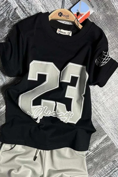 Erkek Çocuk Üzeri Sayı Baskılı Penye T-Shirt Kargo Cepli Şortlu Takım - 8