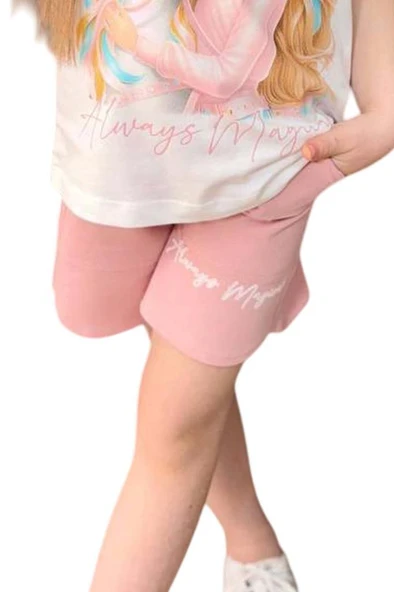 Kız Çocuk Üzeri Digital Bebek ve At Baskılı Penye T-Shirt Pudra Şortlu Takım - Resim 6