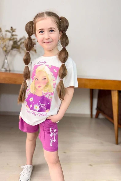 Kız Çocuk Papatya Ve The Beauty Yazı Baskılı Penye T-Shirt Mor Şortlu Takım - Resim 3